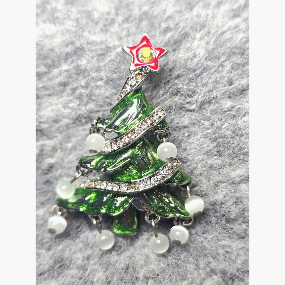 Enamel Christmas Tree Brooch Pin Rhinestone  Moonglow Bead Dangles 1.5” Jewelry